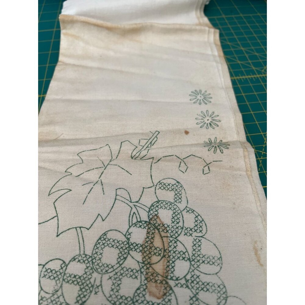 Vintage Unfinished Embroidery  With Grapes & Floral Design tea towel